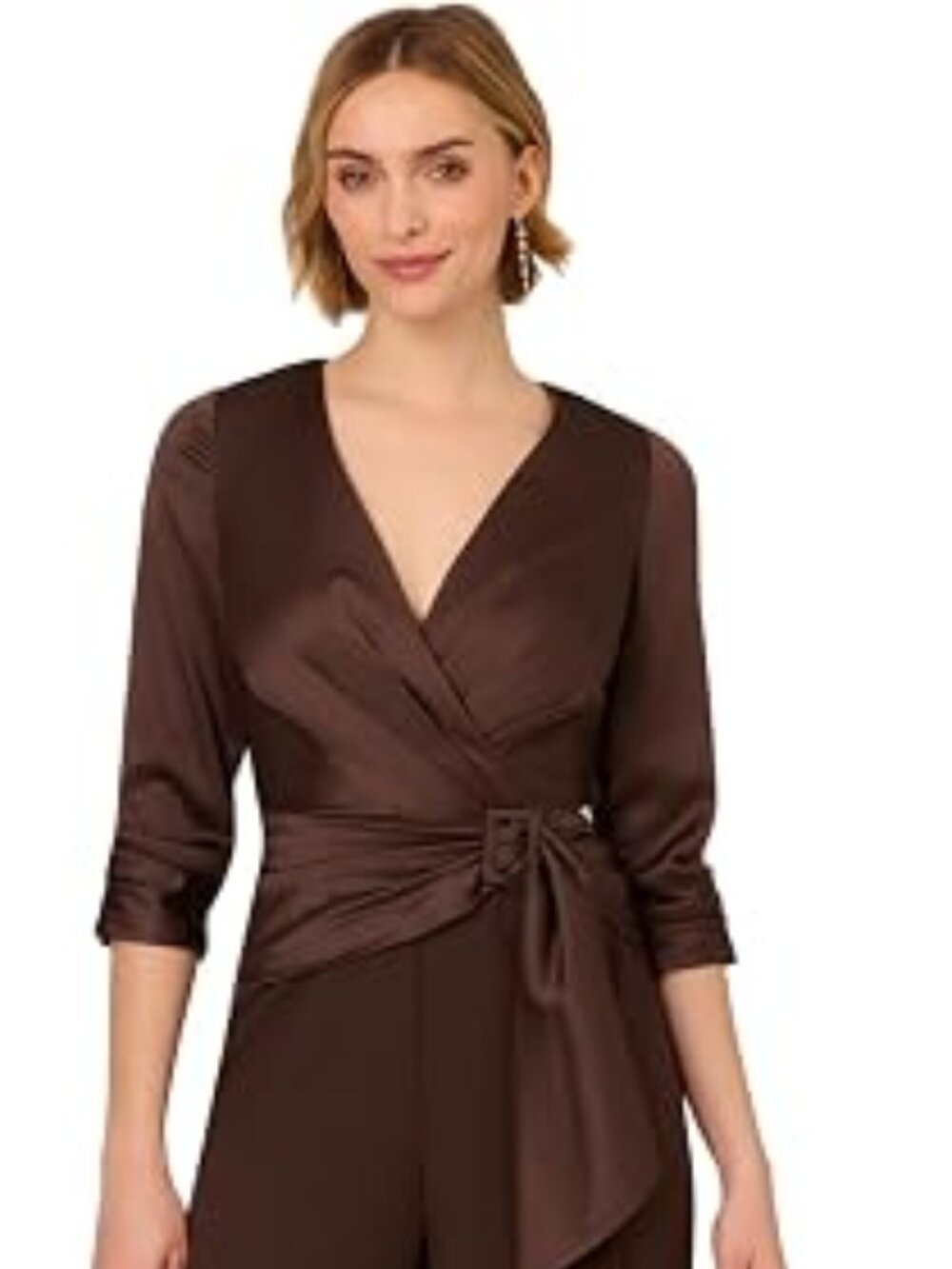Adrianna Papell BROWN jumsuit Stretch Crepe Surplice V-Neck 3/4 Sleeve size 6 - Picture 3 of 4